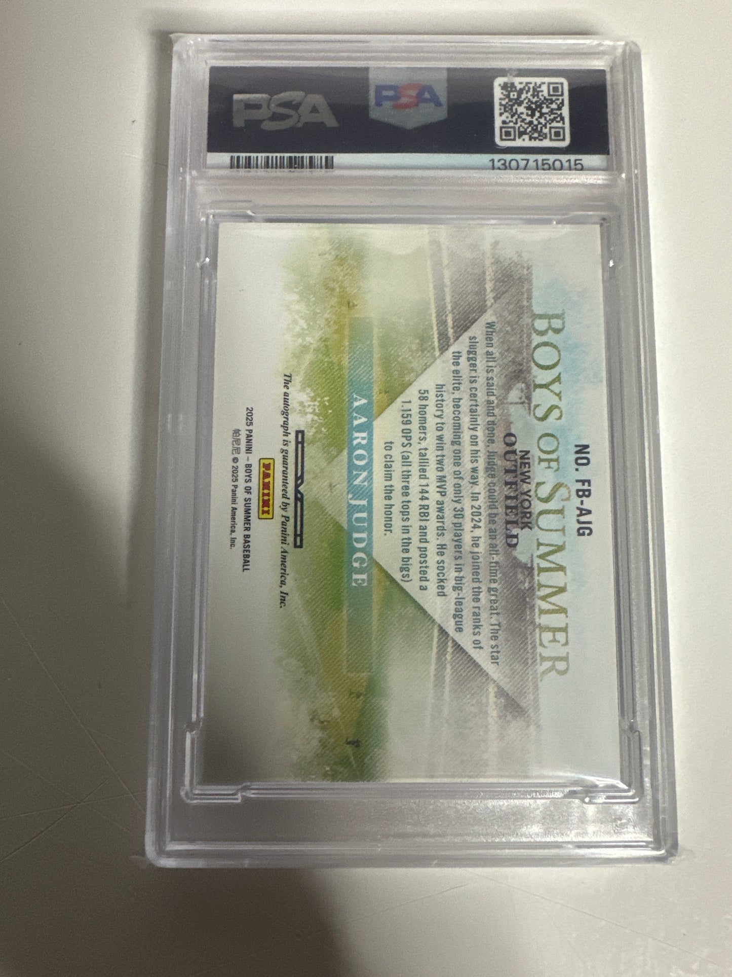 2025 Aaron Judge Panini Boys Of Summer Fabric Of The Game PSA 9 Auto 10🔥😳17/23