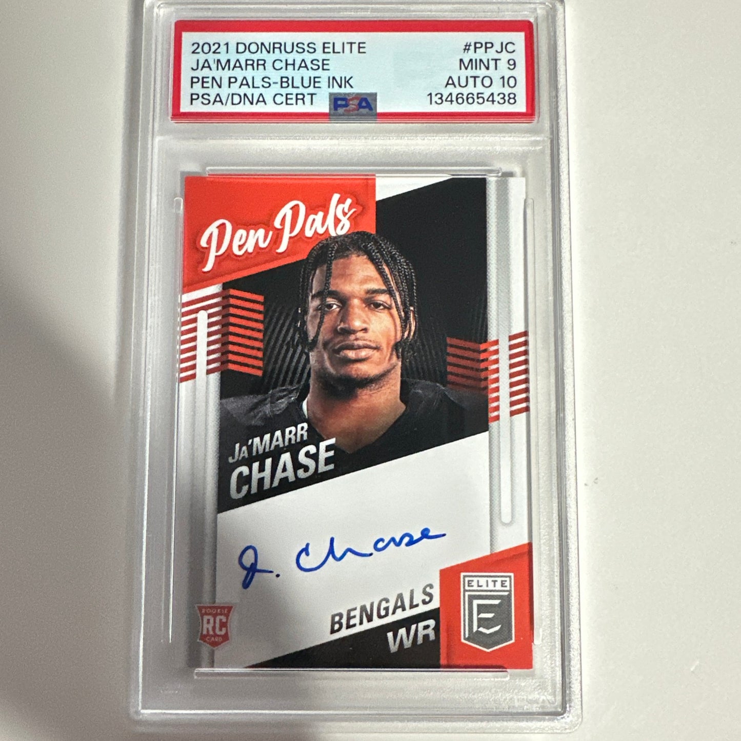 2021 Panini Donruss Elite Ja'Marr Chase RC Auto Pen Pals PSA 9 Auto 10! 🔥