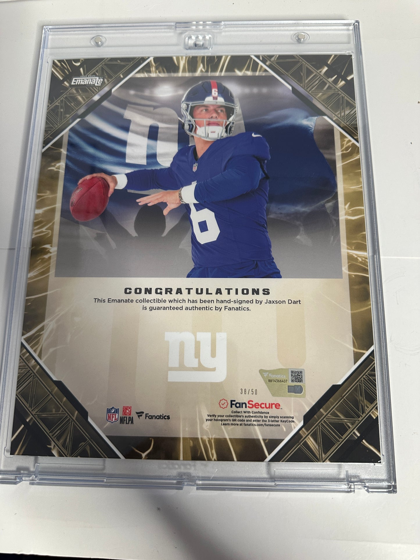 2025 Jaxson Dart Auto Fanatics Emanate 38/50 Rookie Giants On-Card Auto 🔥🔥